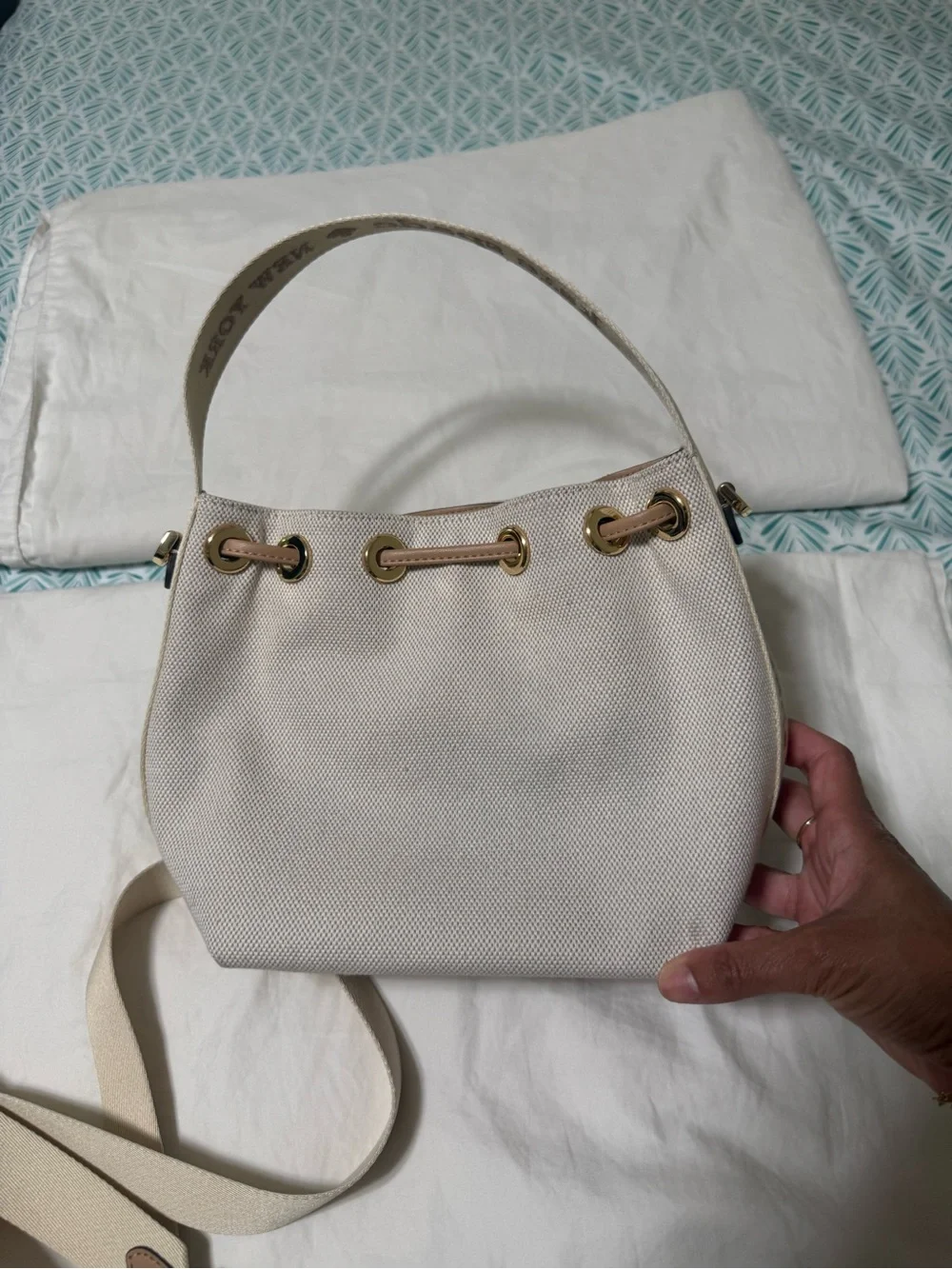kate spade Cream Canvas Drawstring Shoulder Bag with Tan Accents - Picture 2 of 6